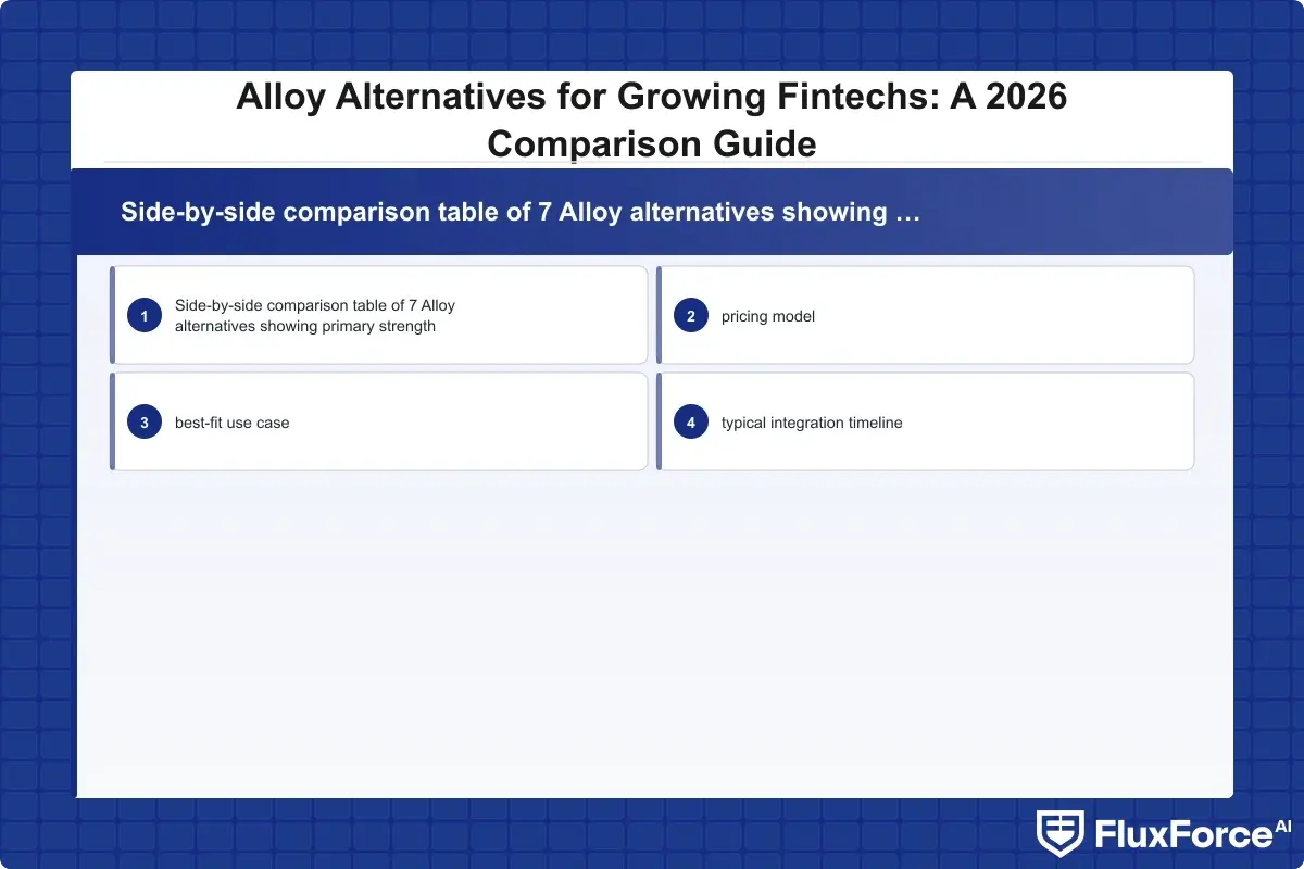 Side-by-side comparison table of 7 Alloy alternatives showing primary strength, pricing model, best-fit use case, and typical integration timeline