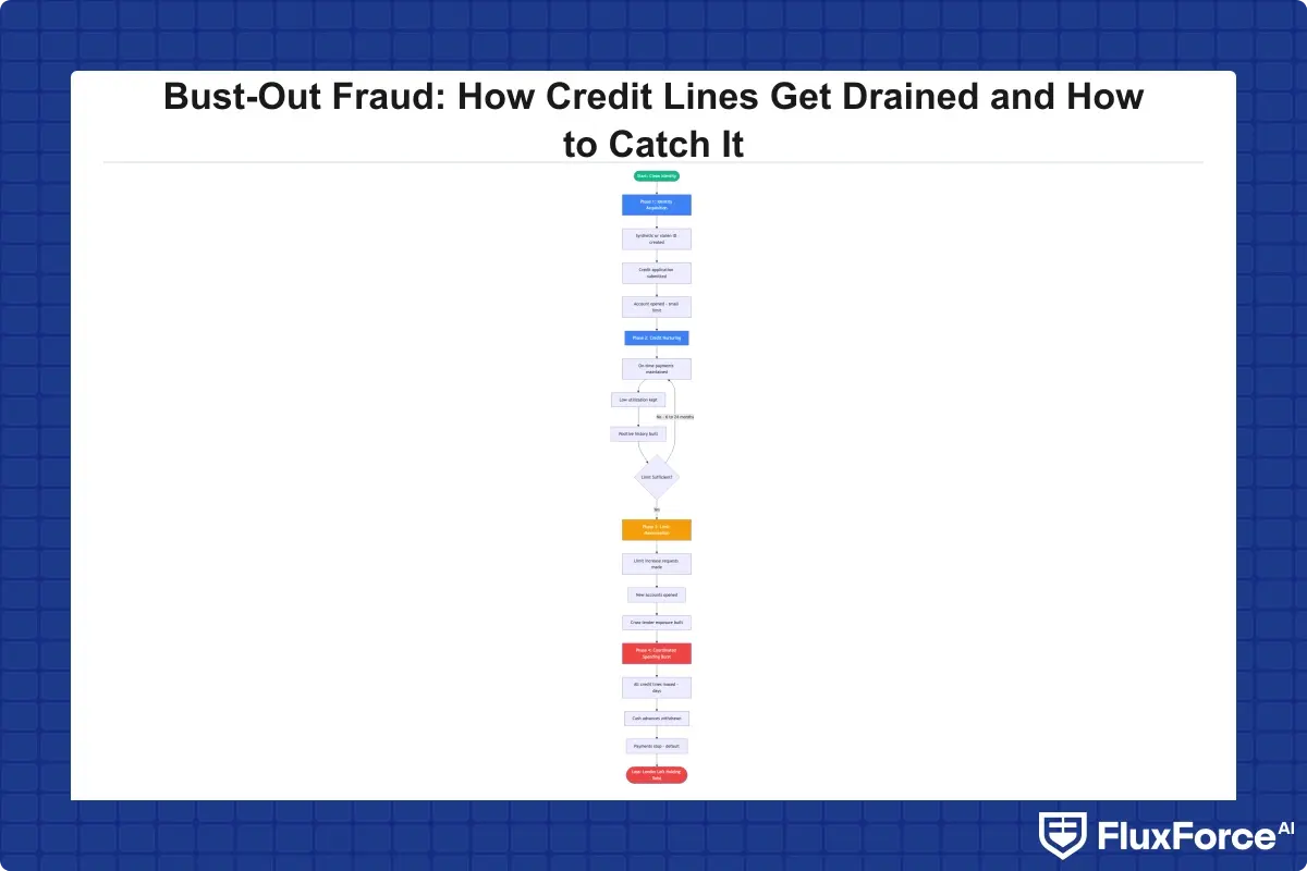 Bust-out fraud lifecycle showing four phases: identity acquisition, credit nurturing, limit maximization, and coordinated spending burst, with typical timeframes for each phase