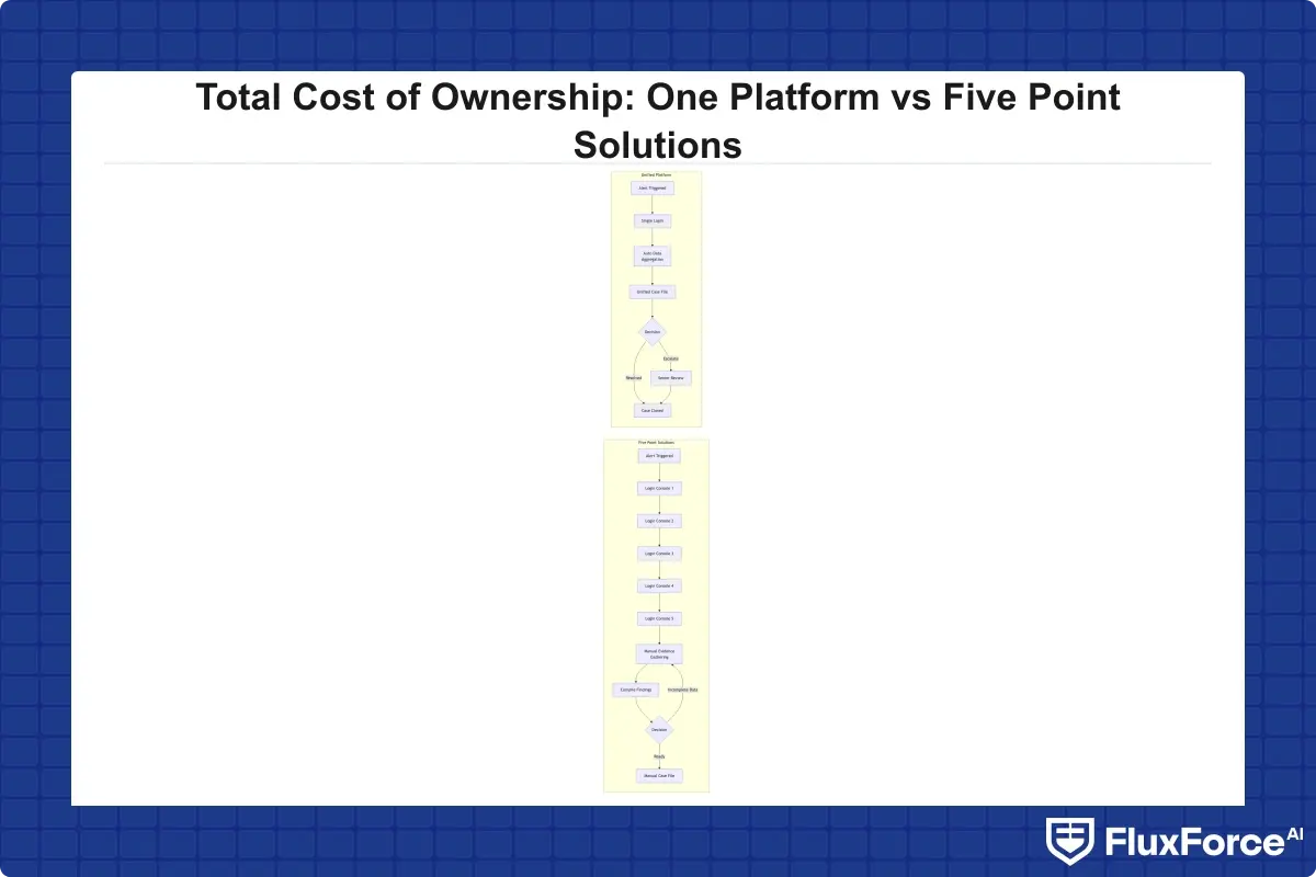 Side-by-side flowchart comparing fraud investigation analyst workflow: five point solutions requiring multiple console logins and manual evidence gathering versus unified platform producing a single automated case file