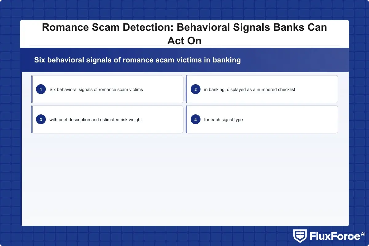 Six behavioral signals of romance scam victims in banking, displayed as a numbered checklist with brief description and estimated risk weight for each signal type