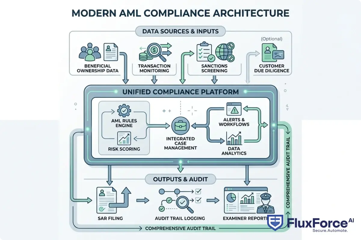 Architecture diagram showing how AML compliance software connects beneficial ownership information, transaction monitoring, sanctions screening, and SAR filing into a unified compliance operations platform with audit trail and examiner reporting capabilities