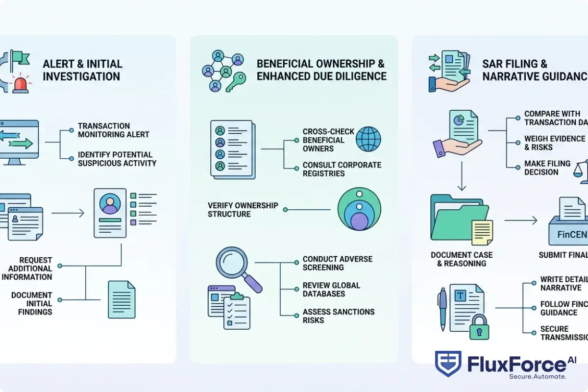 Step-by-step workflow showing how to connect beneficial ownership information to SAR filing decisions: from transaction monitoring alert through BOI cross-check, adverse screening, case documentation, and final FinCEN submission with narrative guidance