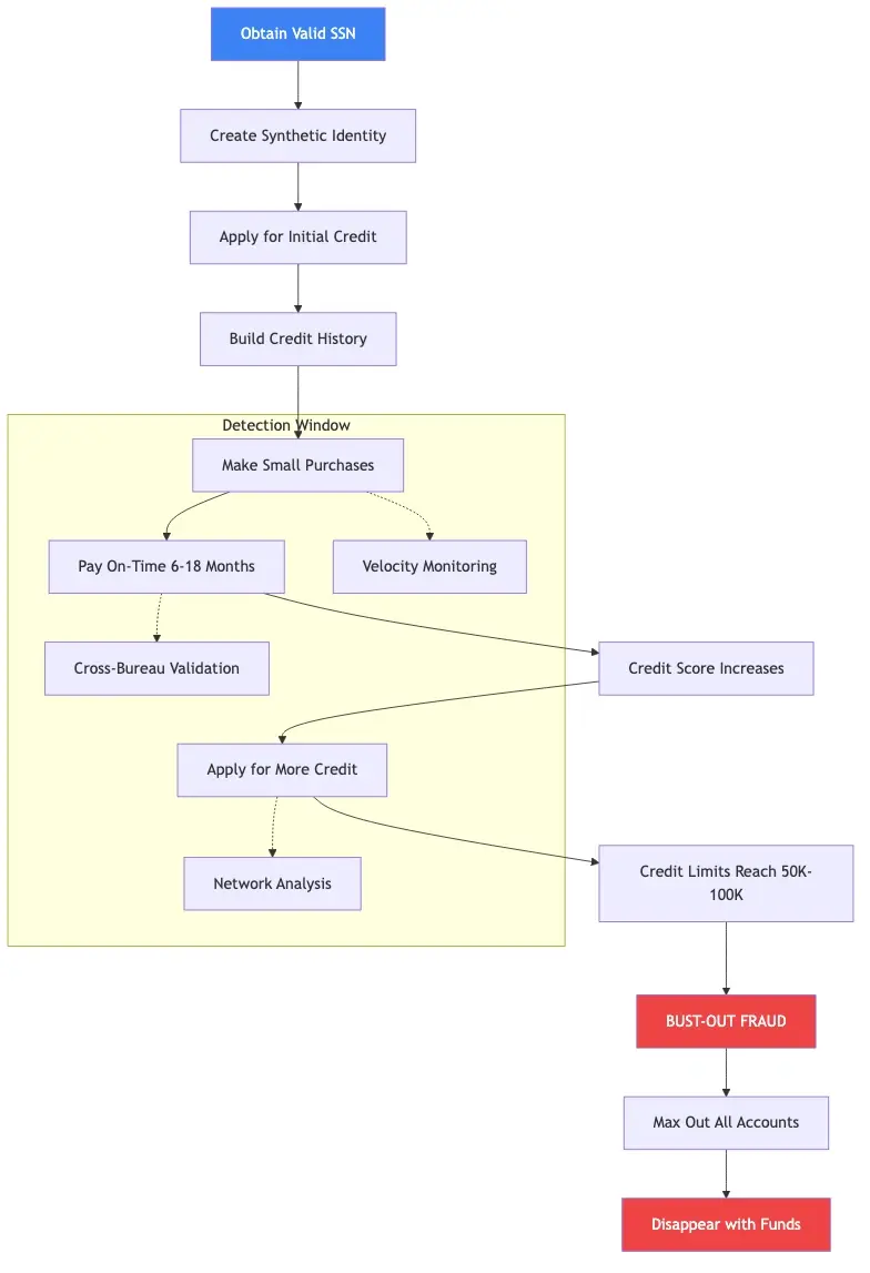 Synthetic identity fraud lifecycle from creation to bust-out