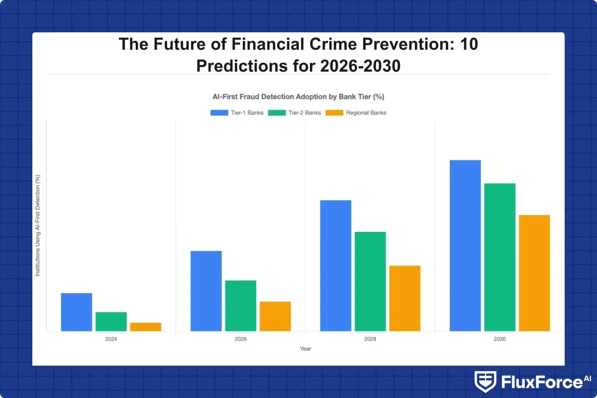 Bar chart showing projected percentage of institutions using AI-first detection as primary fraud layer in 2024, 2026, 2028, and 2030, segmented by tier-1, tier-2, and regional banks