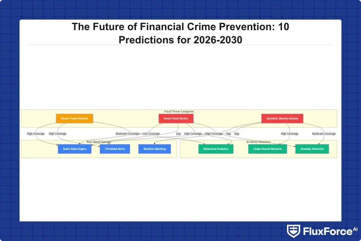 Diagram showing detection coverage gaps between rule-based systems and AI-native detection across known fraud patterns, novel fraud vectors, and synthetic identity attacks