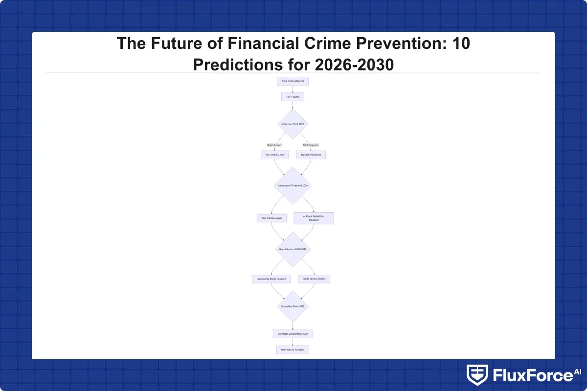 S-curve technology adoption diagram showing AI fraud detection deployment timeline across bank tiers from 2024 to 2030 with inflection points and mainstream thresholds marked