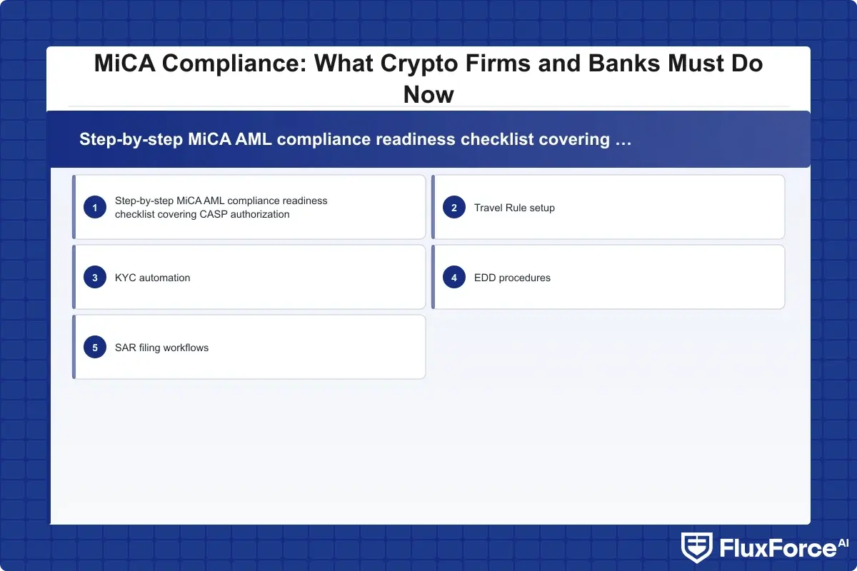 Step-by-step MiCA AML compliance readiness checklist covering CASP authorization, Travel Rule setup, KYC automation, EDD procedures, and SAR filing workflows