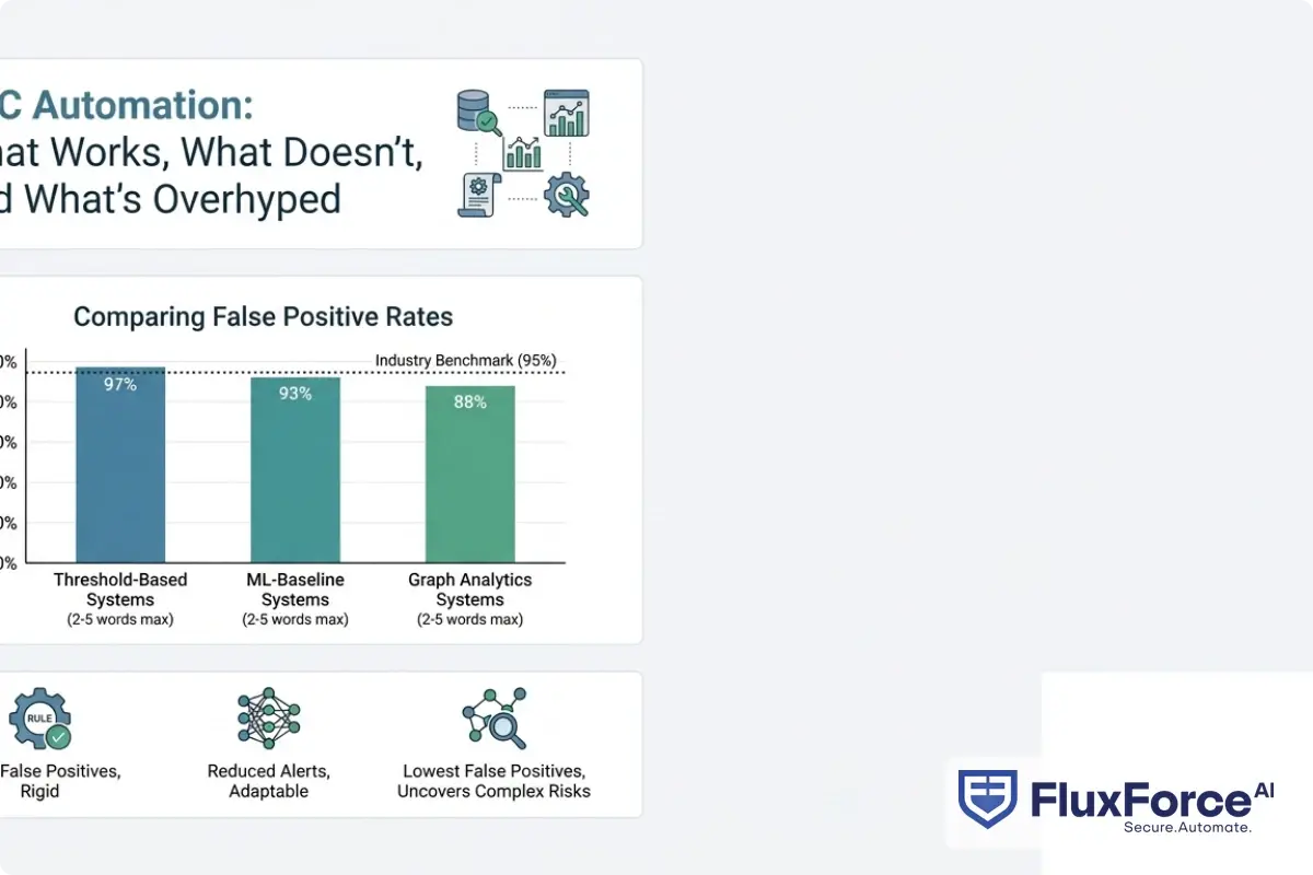 Bar chart comparing false positive alert rates across three AML system types: threshold-based systems at approximately 97 percent, ML-baseline systems at approximately 93 percent, and graph analytics systems at approximately 88 percent, with an industry benchmark reference line at 95 percent