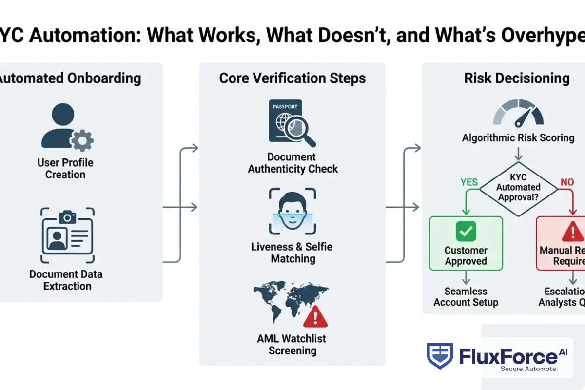 KYC automation pipeline flowchart showing identity document submission through automated verification, AML screening, risk scoring, and branching to either automated approval or manual review escalation queue