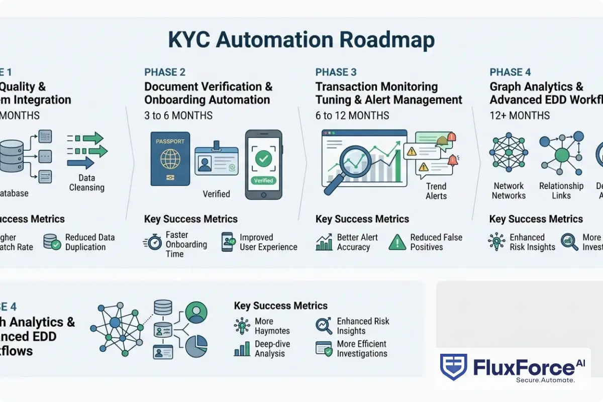 Phased KYC automation implementation roadmap with four sequential phases: Phase 1 data quality and system integration at 0 to 3 months, Phase 2 document verification and onboarding automation at 3 to 6 months, Phase 3 transaction monitoring tuning and alert management at 6 to 12 months, Phase 4 graph analytics and advanced EDD workflows at 12 plus months, with key success metrics at each stage