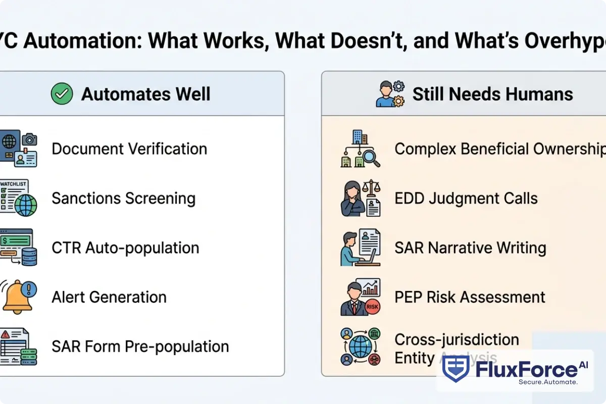 Side-by-side comparison of KYC automation capabilities showing Automates Well column listing document verification, sanctions screening, CTR auto-population, alert generation, and SAR form pre-population versus Still Needs Humans column listing complex beneficial ownership structures, EDD judgment calls, SAR narrative writing, PEP risk assessment, and cross-jurisdiction entity analysis
