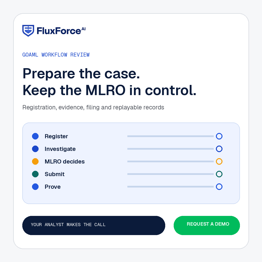 Square goAML workflow artwork connecting registration, investigation, MLRO decision, authorised submission and replayable evidence.