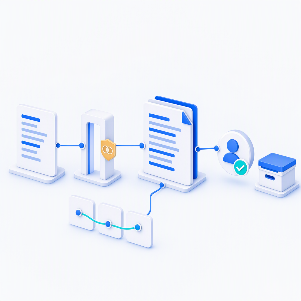An evidence path for one payment: the payment passes a screening checkpoint with a partial-match badge into a case file, joined by a monitoring pattern, then goes to a human reviewer and an audit record.