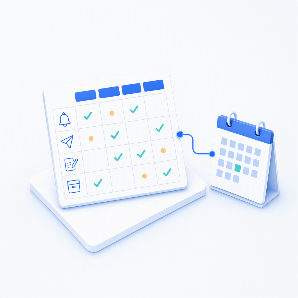 A requirement matrix with four rows marked by a bell, a paper plane, a note with a pen and an archive box (monitoring, reporting, reasons for not filing, records), ticks and open points in its cells, linked to a calendar with one date highlighted for a requirements walkthrough.