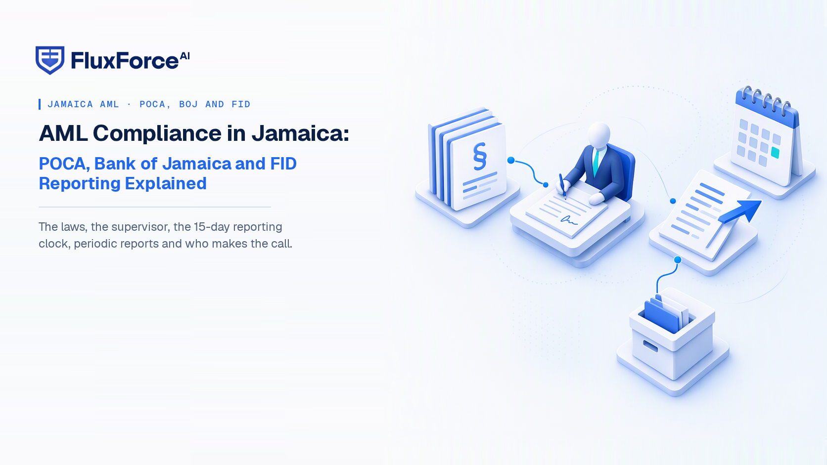 AML compliance in Jamaica: a stack of statute documents, an officer signing a report at a desk, the report being sent beside a calendar with a deadline date, and an archive box holding the retained record