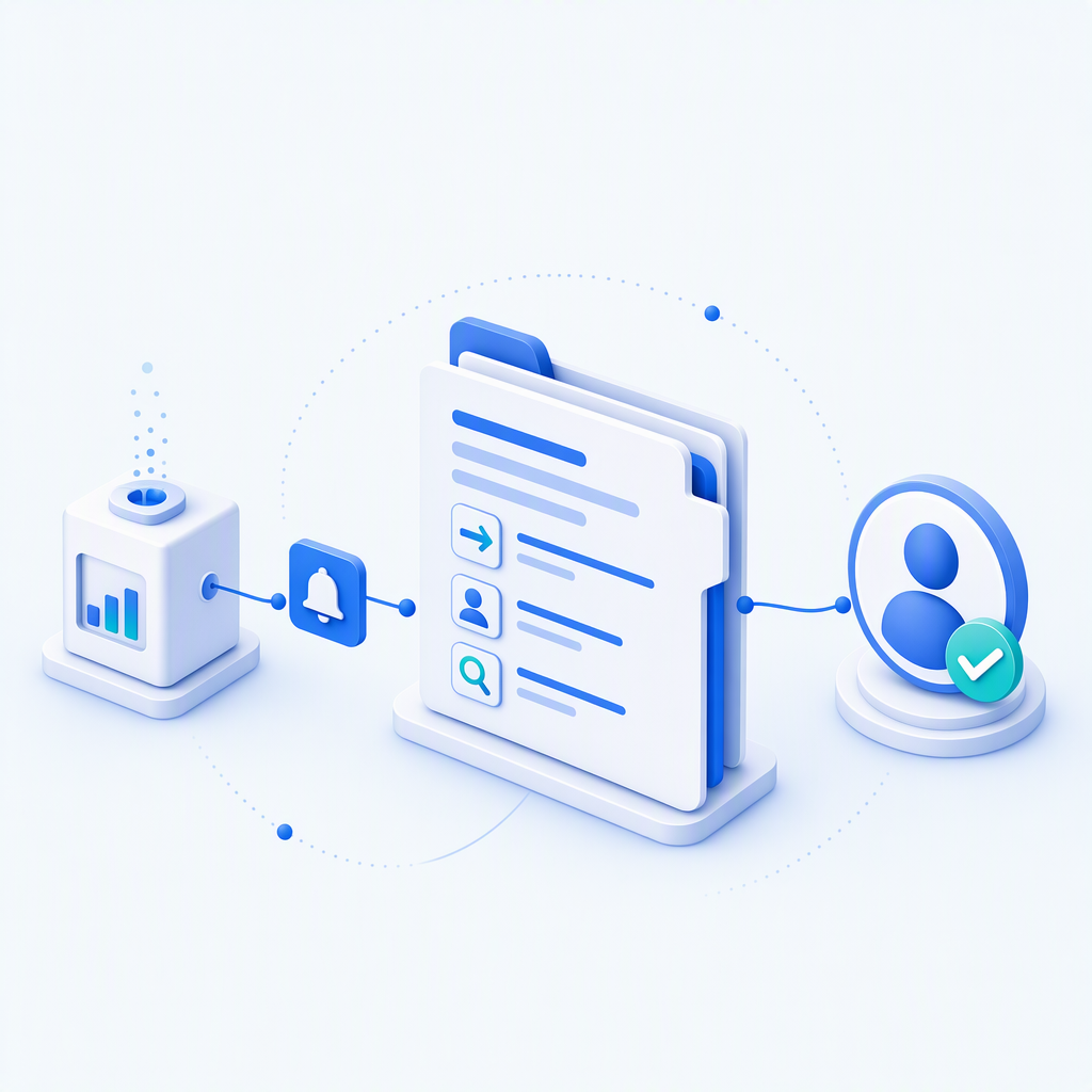 One alert from a monitoring engine carried into a case file with transaction, profile and screening evidence, then to a human reviewer.