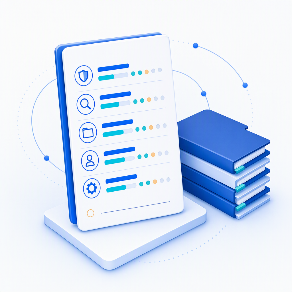 A fraud software evaluation scorecard with rows for fraud types, flag reasons, referral quality, decision rights and governance, next to a stack of closed claim files, with the decision line left blank.