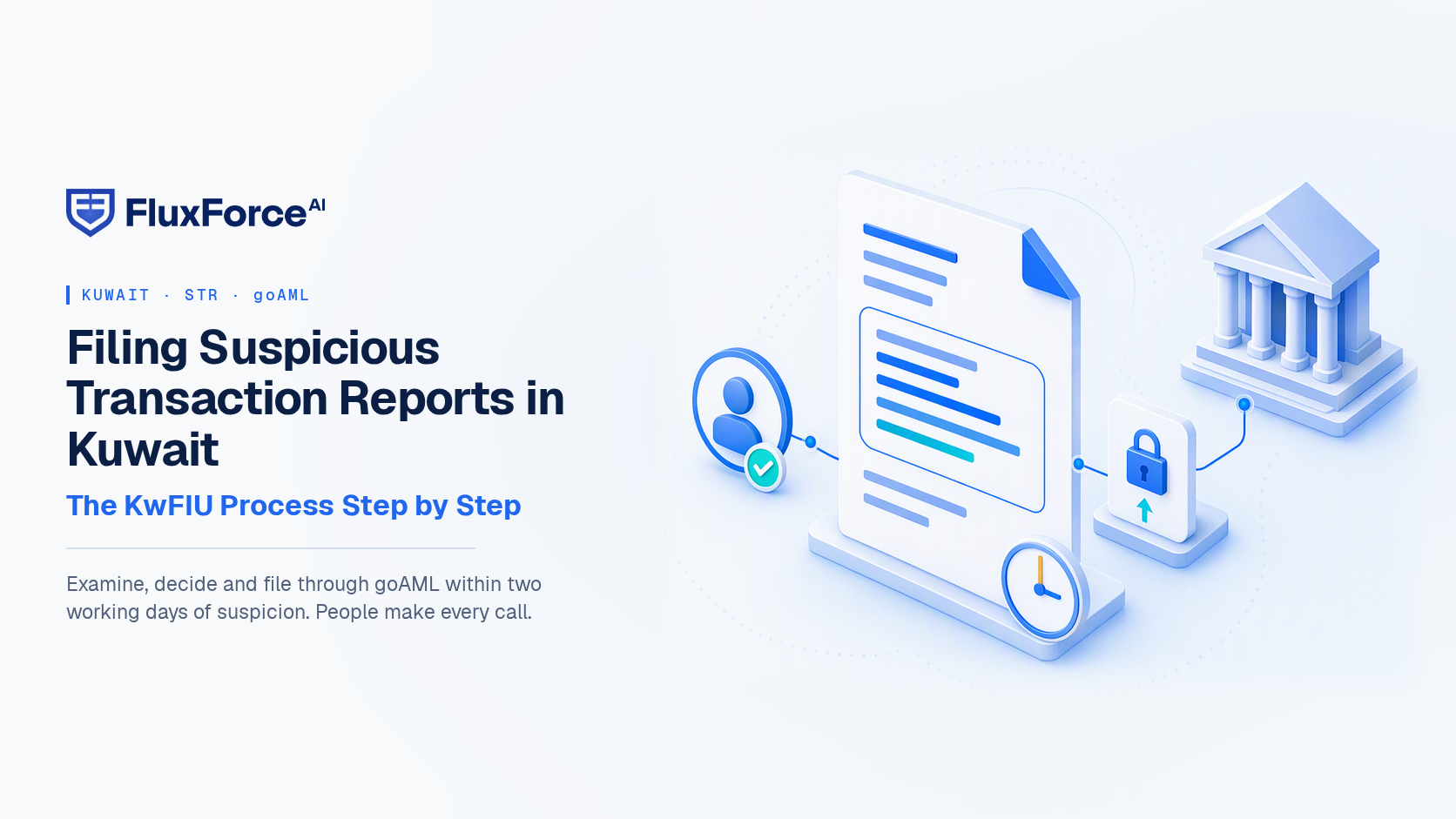 Kuwait STR filing: a person approves a suspicious transaction report with a highlighted narrative and a short-deadline clock, and the report travels through a secure upload channel to a financial intelligence unit building