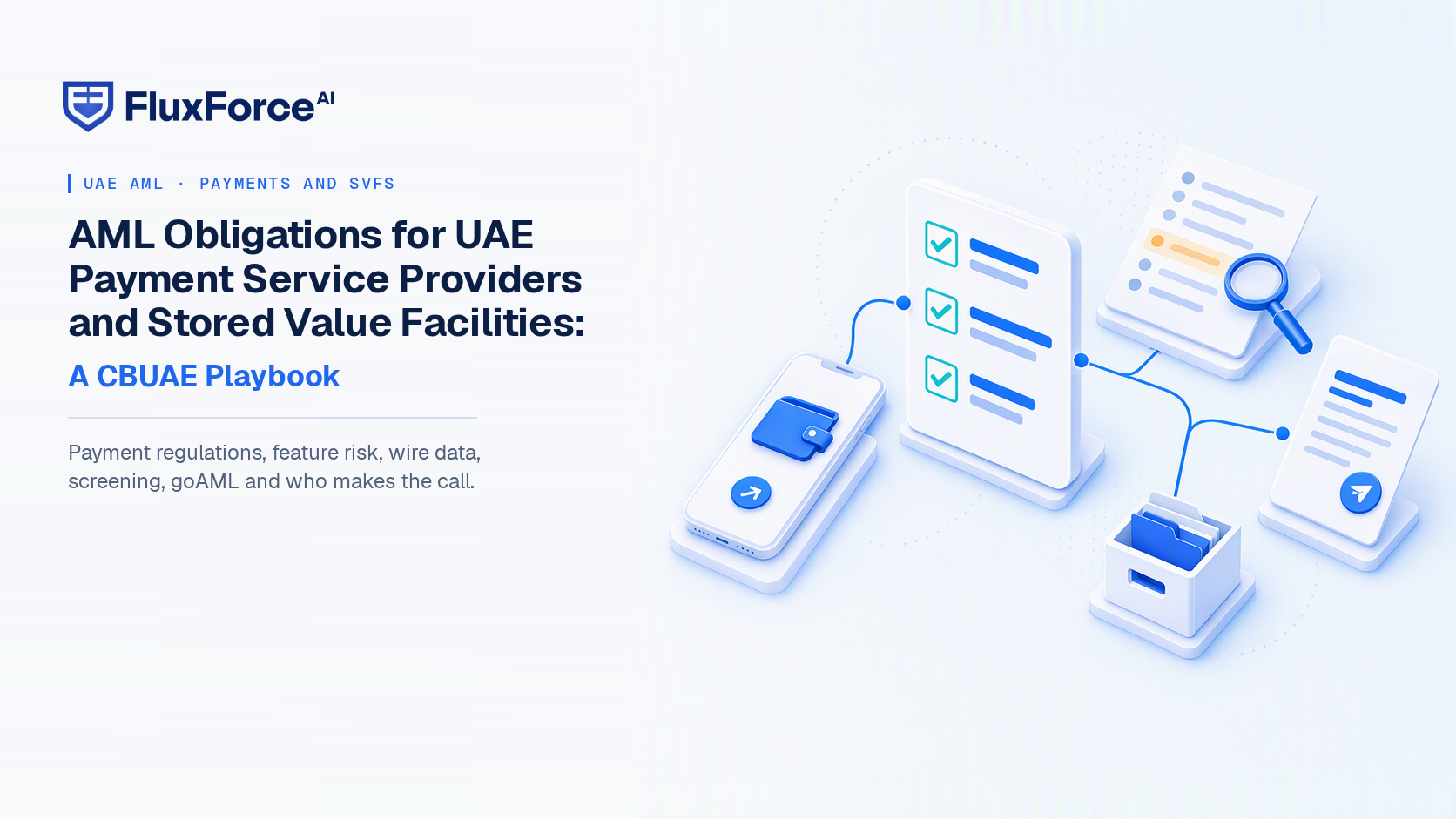 AML for UAE payment firms: a phone with a wallet and a send button, a rules checklist with ticks, a screening list with one highlighted row under a magnifier, a report being sent and an archive box holding the retained record