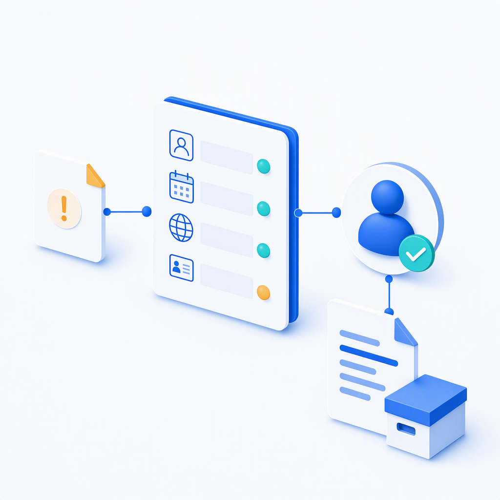 One screening hit resolved with its evidence: an alert card, a four-row identifier comparison with three matching and one differing identifier, a reviewer badge with a check mark and an evidence file with an archive box.